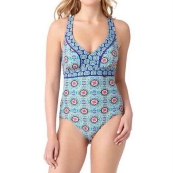 NEW CATALINA Floral Mandala Colorful One Piece Strappy Swimsuit Size M 8-10 - Picture 3 of 10
